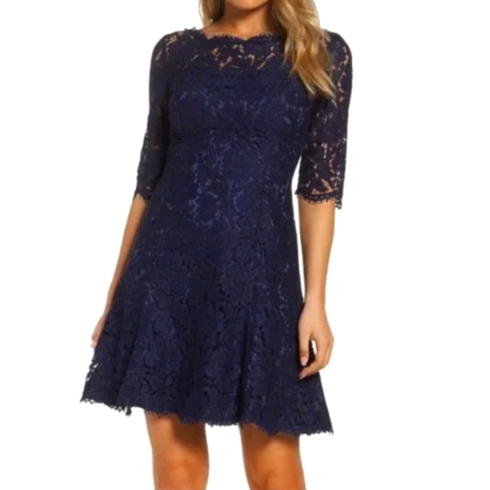 Eliza J | Navy Lace Mini Dress Fit & Flare 2 Petite Sweetheart Neck Cotton Blend